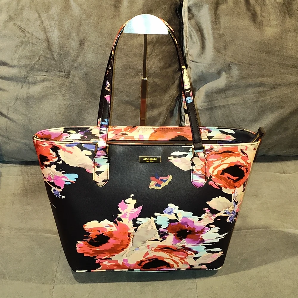 KATE SPADE NEW YORK SMALL TALLY BLURRY FLORAL LAUREL WAY BLACK TOTE